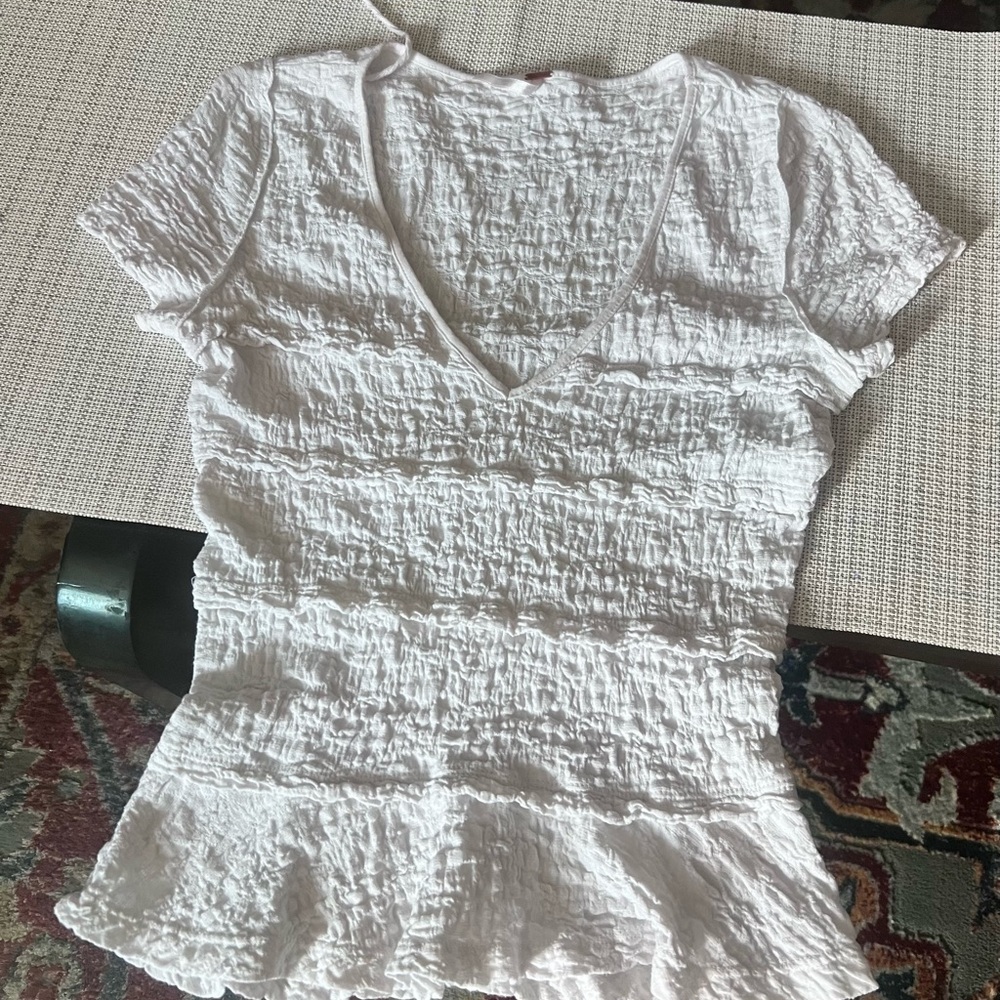 Free People White Ruffled Short Sleeve Blouse - Picture 6 of 13